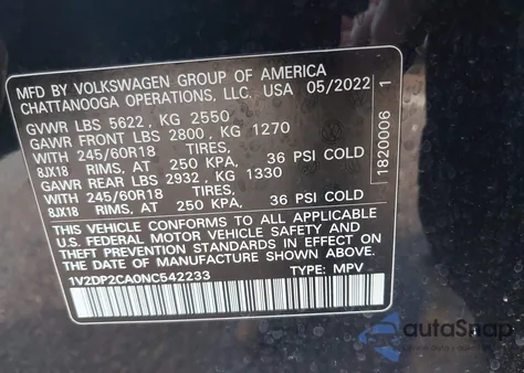 2022 Volkswagen Atlas 2.0T Se z USA, uszkodzony, nr VIN 1V2DP2CA0NC542233